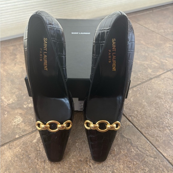 Saint Laurent Black Embossed Heels with Gold Detail - Picture 3 of 7